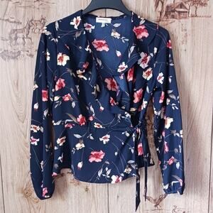 Monteau Floral Wrap Flutter Ruffle Trim Blouse Size Large